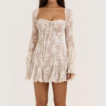 Robe à Manches Longues en Dentelle avec Nœud à Nouer